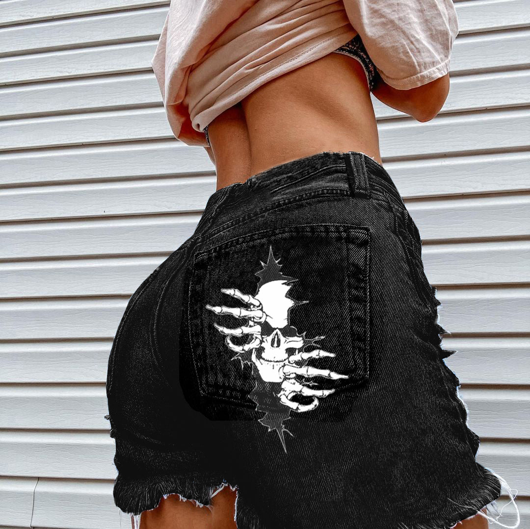 Skull Graphic Summer Denim Shorts - chicyea