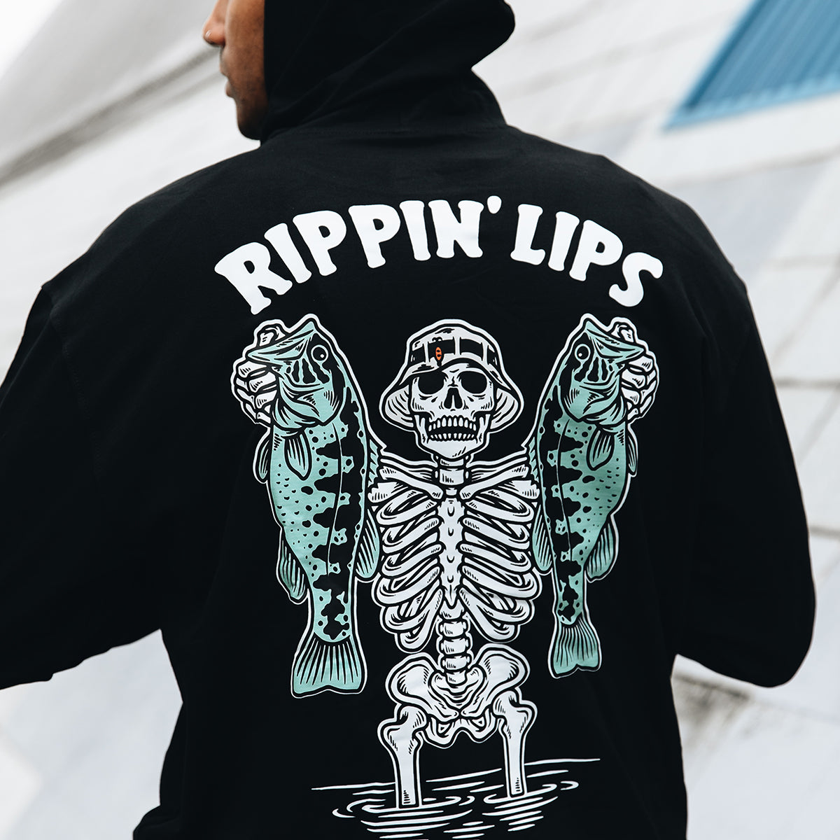 Uprandy Men Rippin Lips Skull Clutching Fishes Printed Hoodie - chicyea