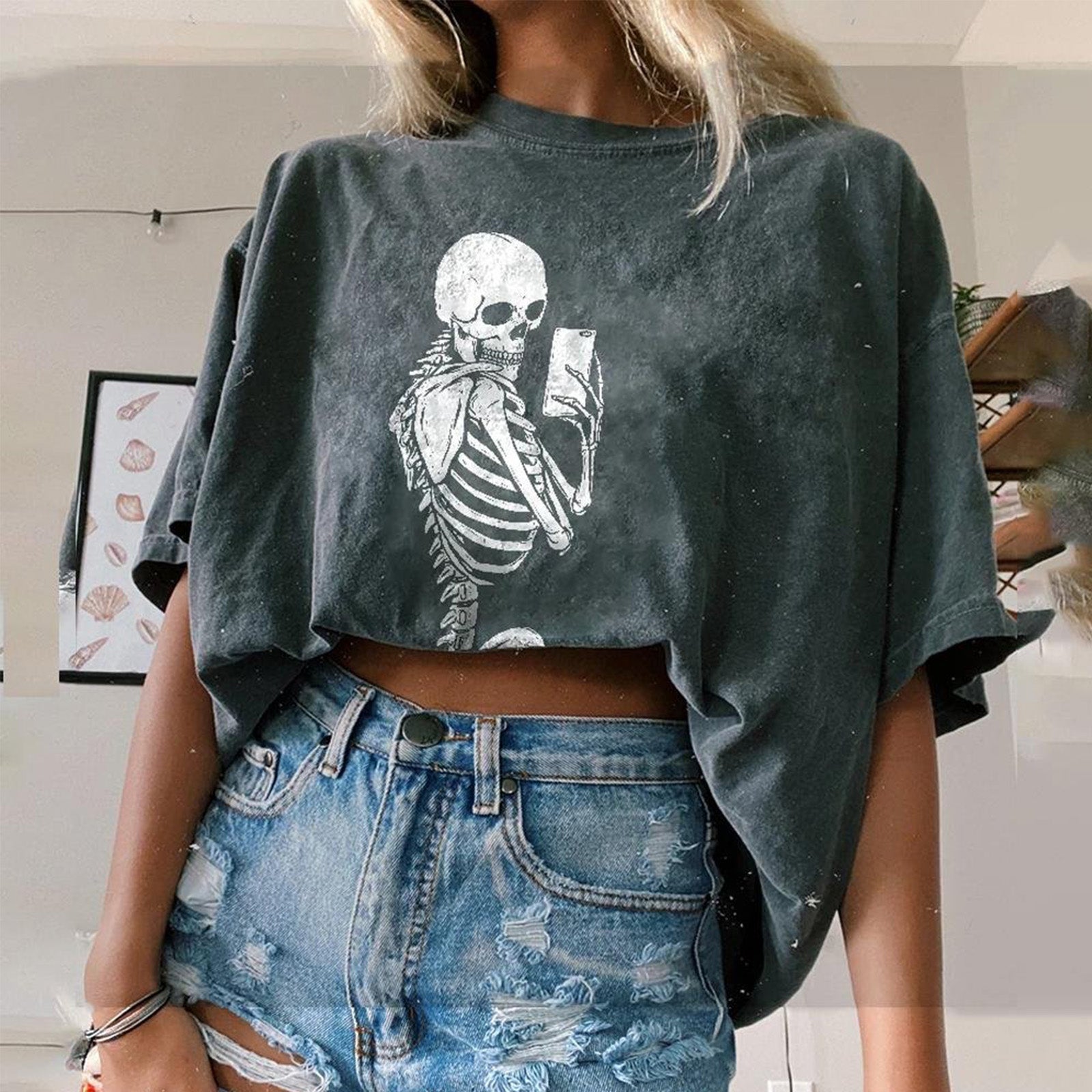 Minnieskull Fashion Skull Print Designer Short Sleeve T-Shirt - chicyea