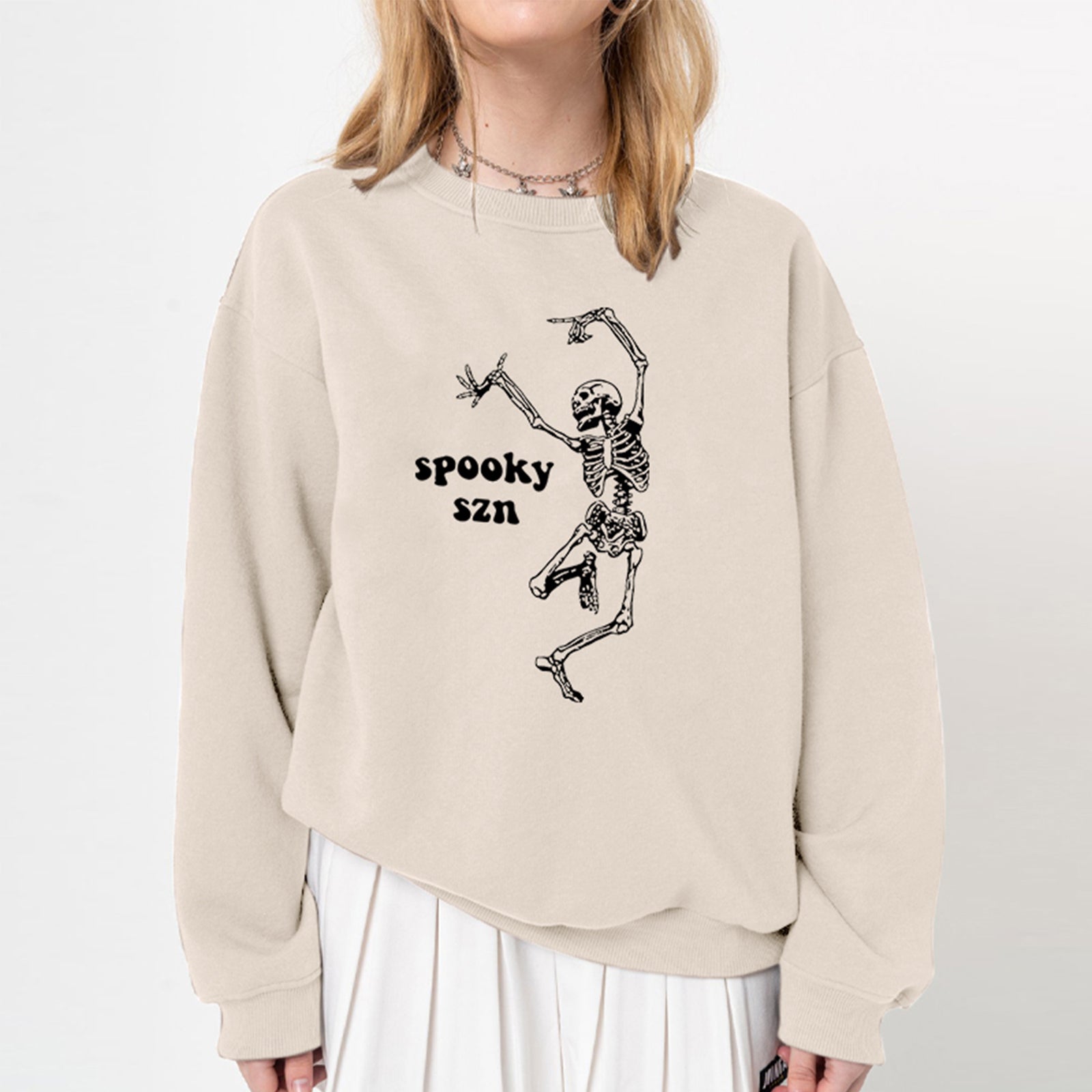 Minnieskull Cool Spooky Szn Skeleton Printed Fashion Sweatshirt - chicyea