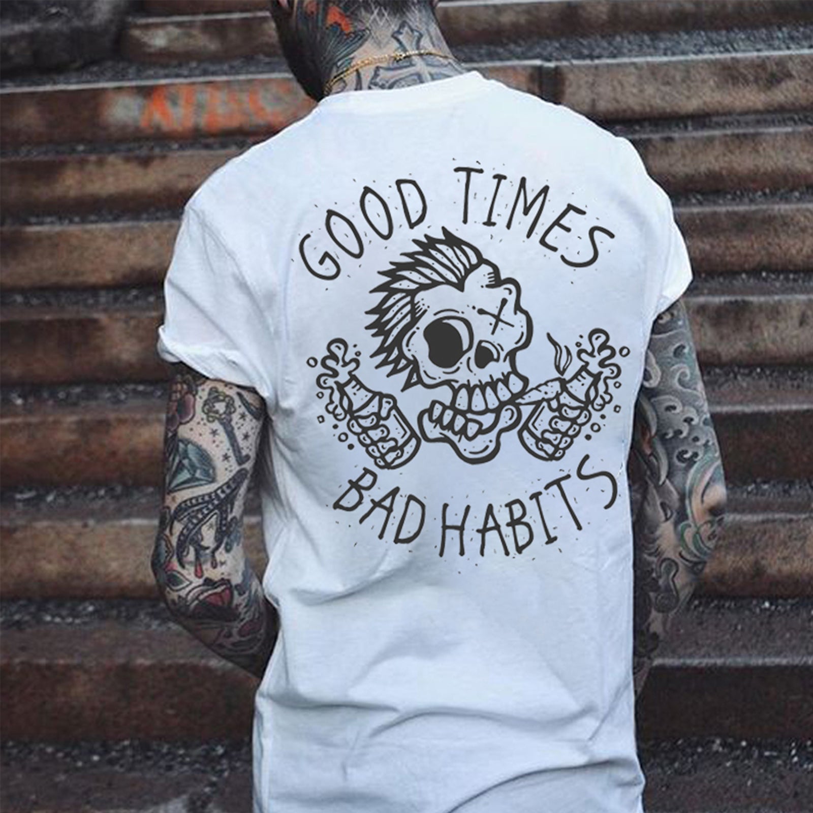 Cloeinc Good Times Bad Habits Skull Printed Men Casual T-Shirt - chicyea